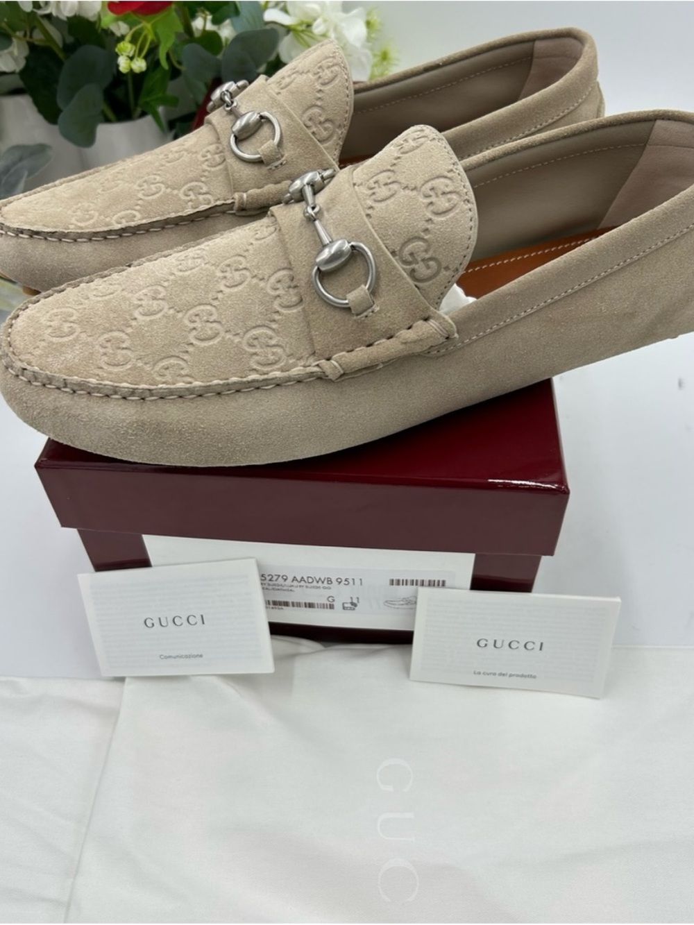 Men's Gucci, GG embossed suede driver loafers size 11 fits 12 US made in Italy - Picture 7 of 8